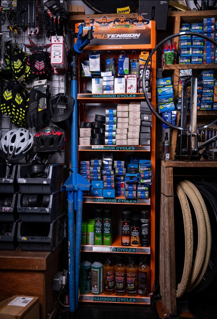 Harbour Cycles shelves stocked with parts