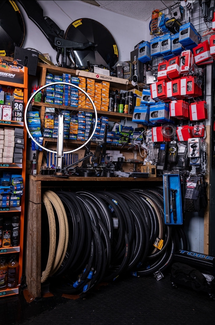 Hand-built wheel on the truing stand