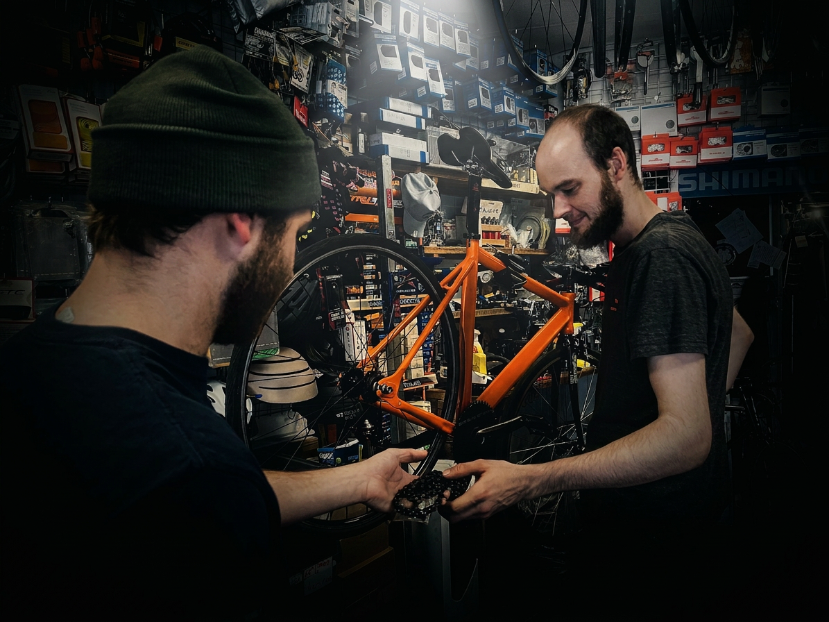 Two mechanics building up a bike together